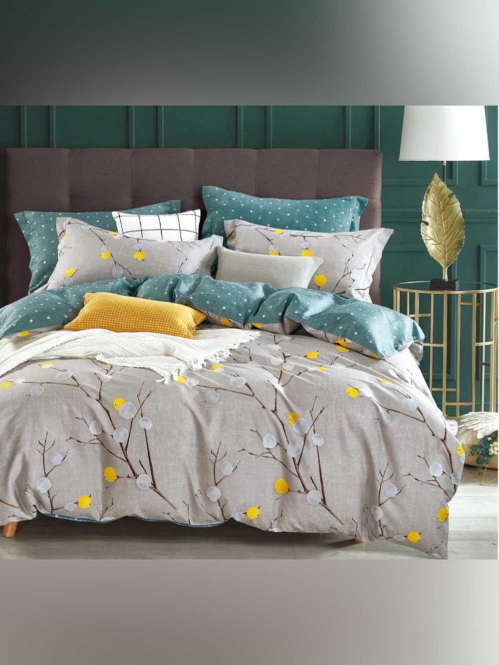 REVERSIBLE Duvet 2Pc Set 100% Cotton 600 Thread Count - GRAY BRANCH POLKA